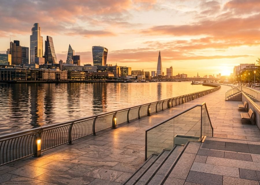 London skyline at sunrise over Thames river walkway with modern architecture