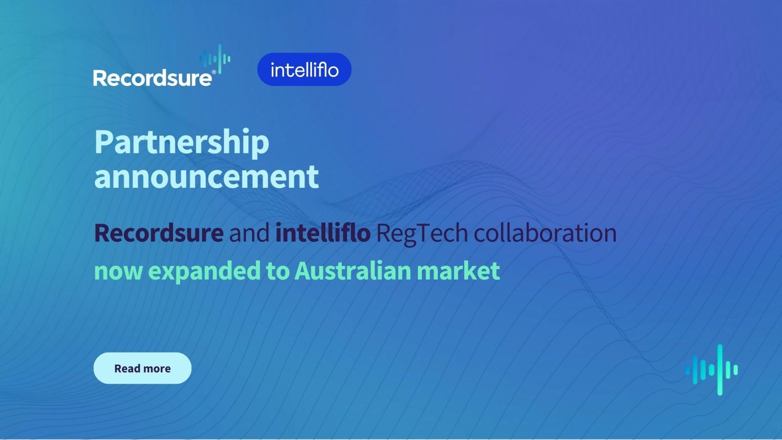 Blue tile announcing that the Recordsure and intelliflo RegTech collaboration has expanded to the Australian market