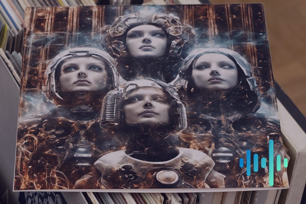 Record sleeve in a rack of albums, printed with four faces in ornate space helmets arranged in a diamond