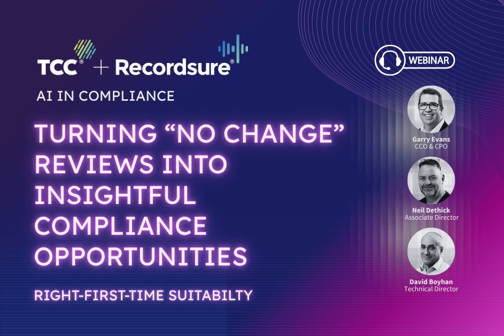 Purple webinar tile titled Turning no change reviews into insightful compliance opportunities, with three speakers