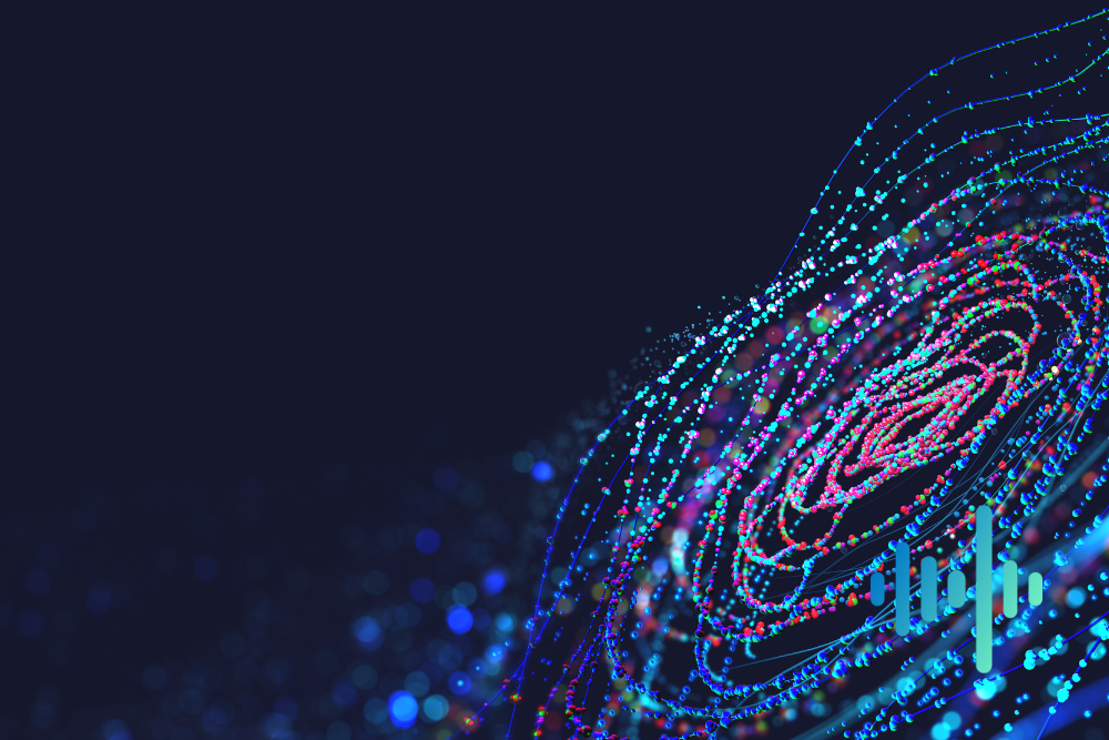 Swirling spiral of blue, pink and white light particles on a dark navy background, with a blue and teal waveform