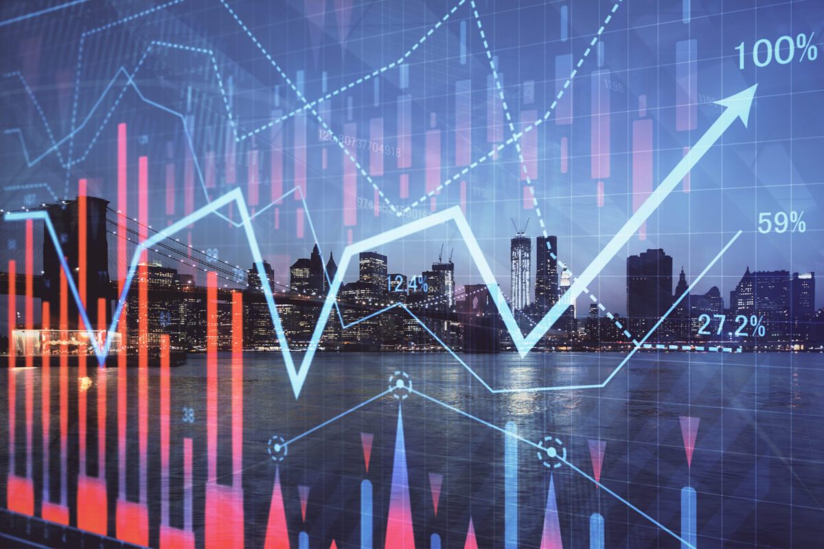Rising line graph and candlestick bars with percentage labels over a night-time city skyline