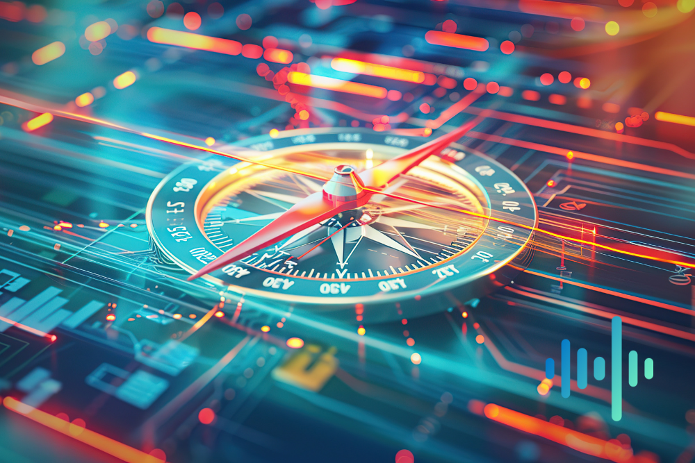 Glowing compass with a red needle on a colourful digital circuit background, with a blue and teal waveform