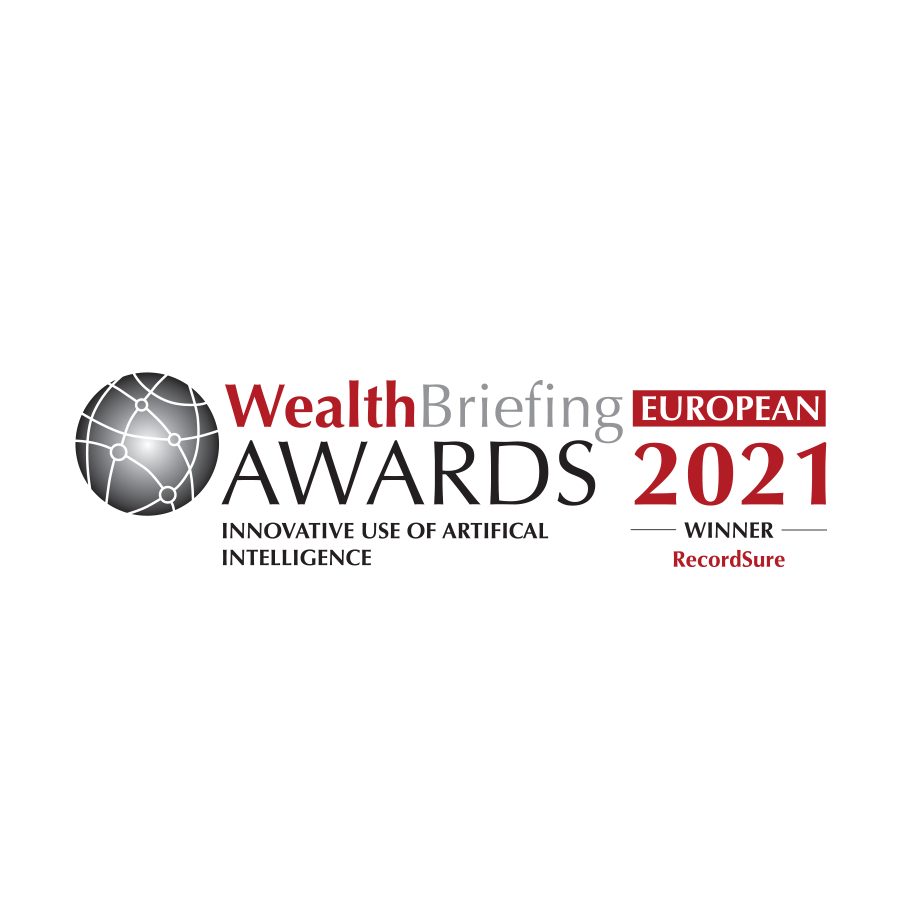 WealthBriefing European Awards 2021 winner badge for innovative use of artificial intelligence, naming Recordsure