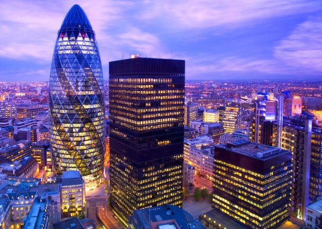 Elevated view of the financial district of London at duskLondon, England., London, England.