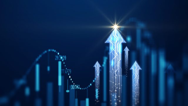 Glowing blue arrows rising over a dotted line chart on a dark blue background