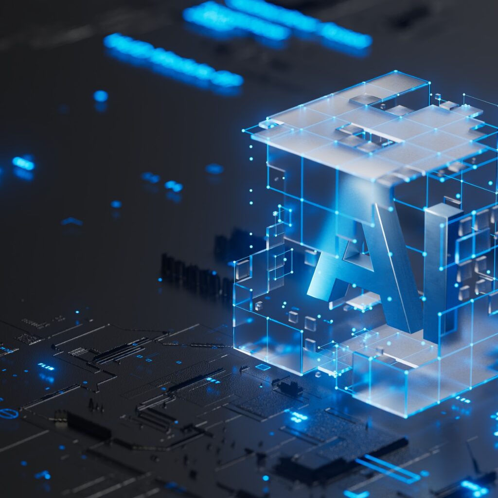 Translucent glowing blue cube marked AI sitting on a dark circuit board