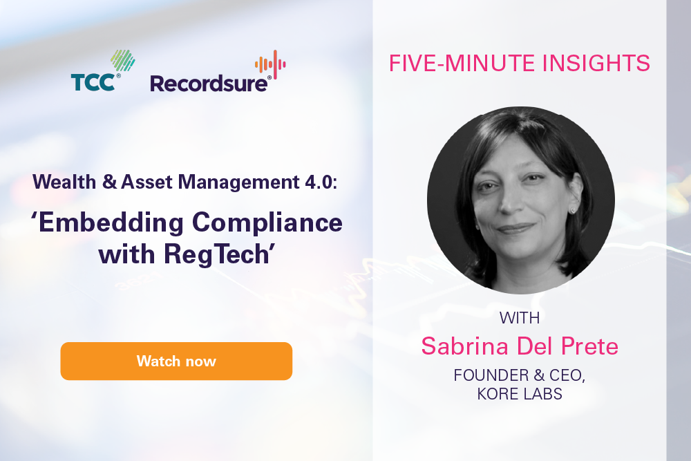 Five-Minute Insights tile for Embedding Compliance with RegTech, with a portrait of Sabrina Del Prete of Kore Labs