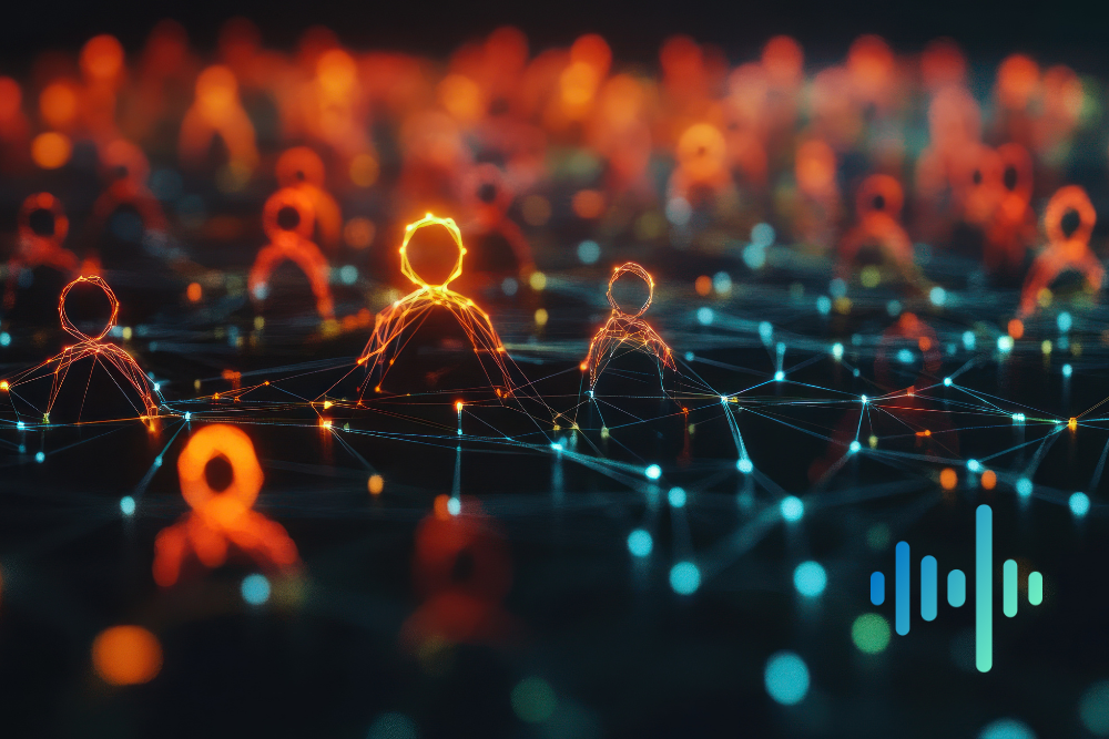 Glowing orange person icons linked by a network of blue lines and dots, with a blue and teal waveform