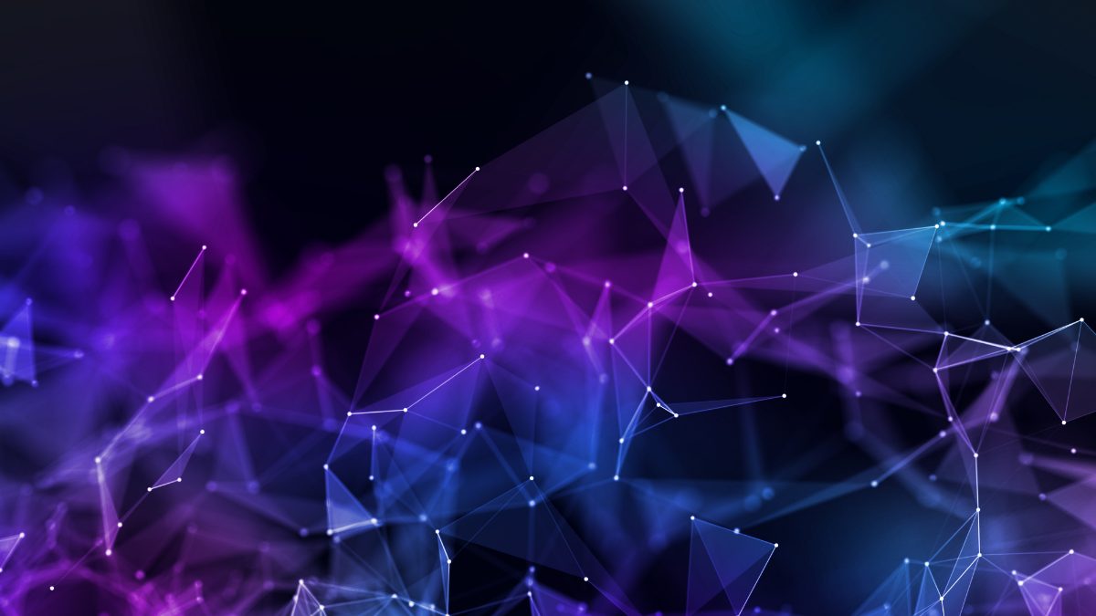 Abstract network of purple and blue polygons and connected points on a dark background