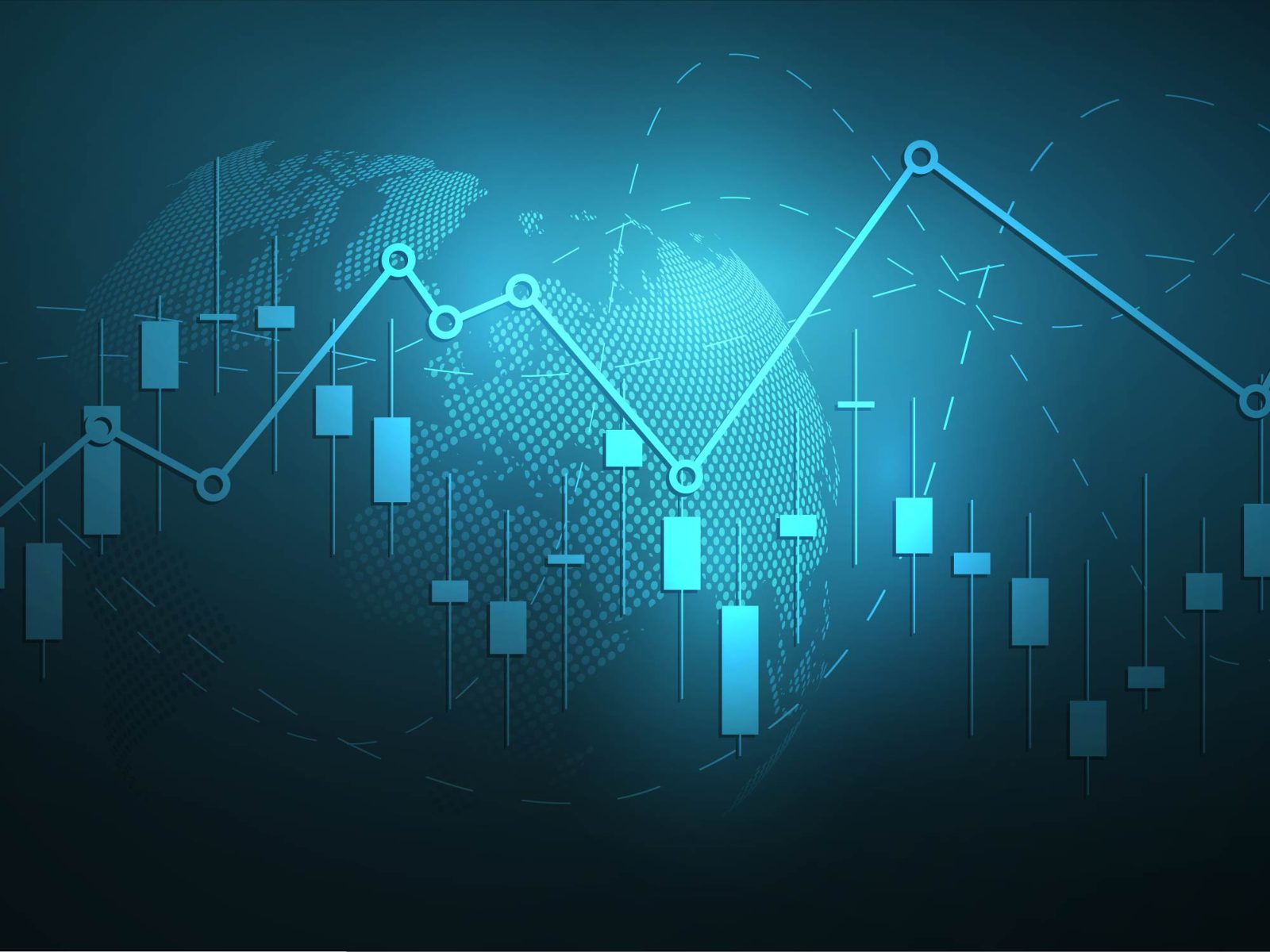Blue digital globe overlaid with a financial candlestick chart and a zigzag line graph