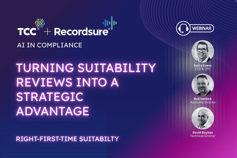 Purple webinar tile titled Turning suitability reviews into a strategic advantage, with three speaker photos