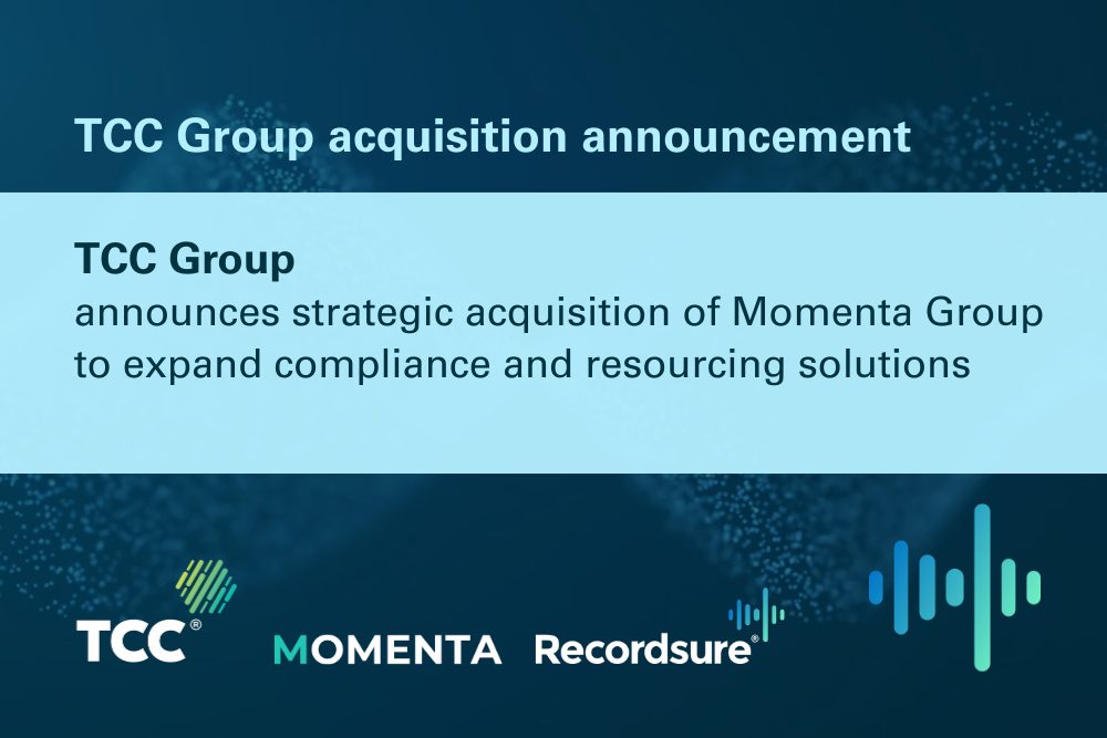 Navy and pale blue tile announcing TCC Group's acquisition of Momenta Group, with TCC, Momenta and Recordsure logos