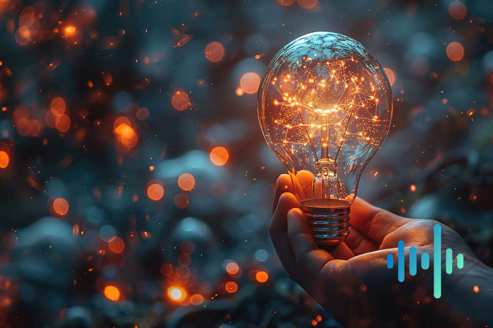 Hand holding a glowing light bulb filled with network lines against orange bokeh, with a blue and teal waveform