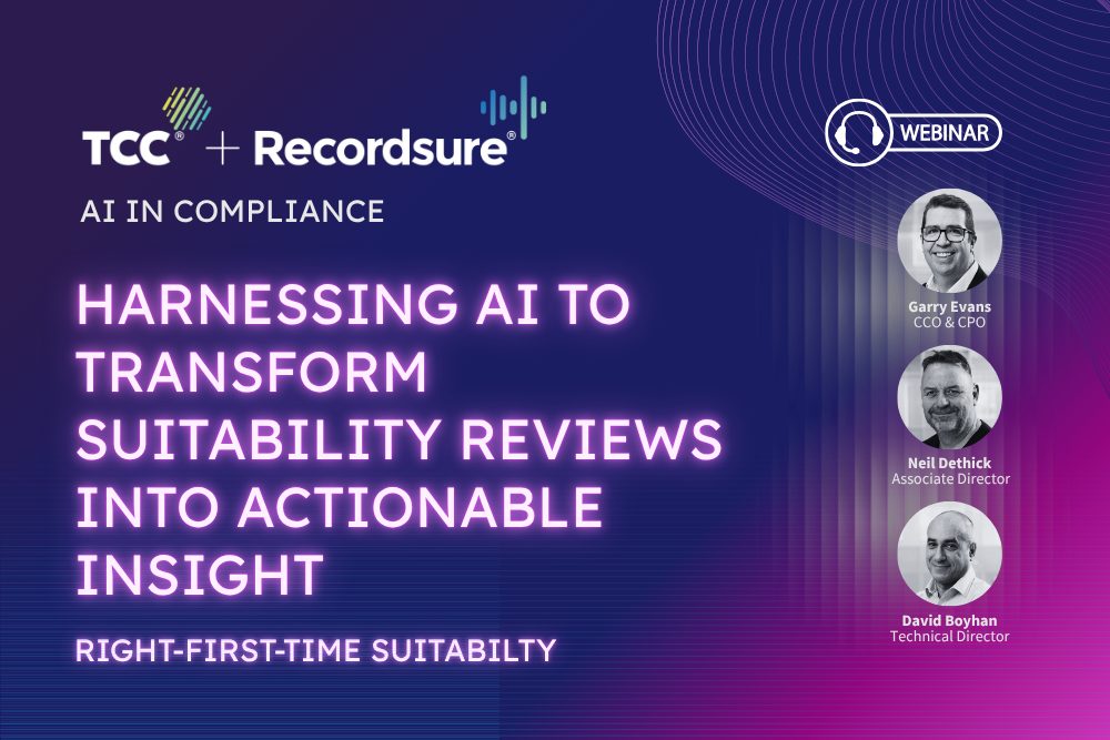 Purple webinar tile titled Harnessing AI to transform suitability reviews into actionable insight, with three speakers