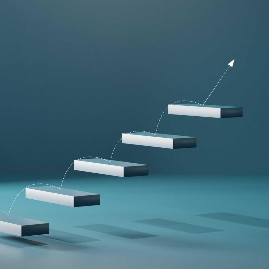 Floating white steps rising diagonally on a teal background, with a thin arrow tracing the path upwards