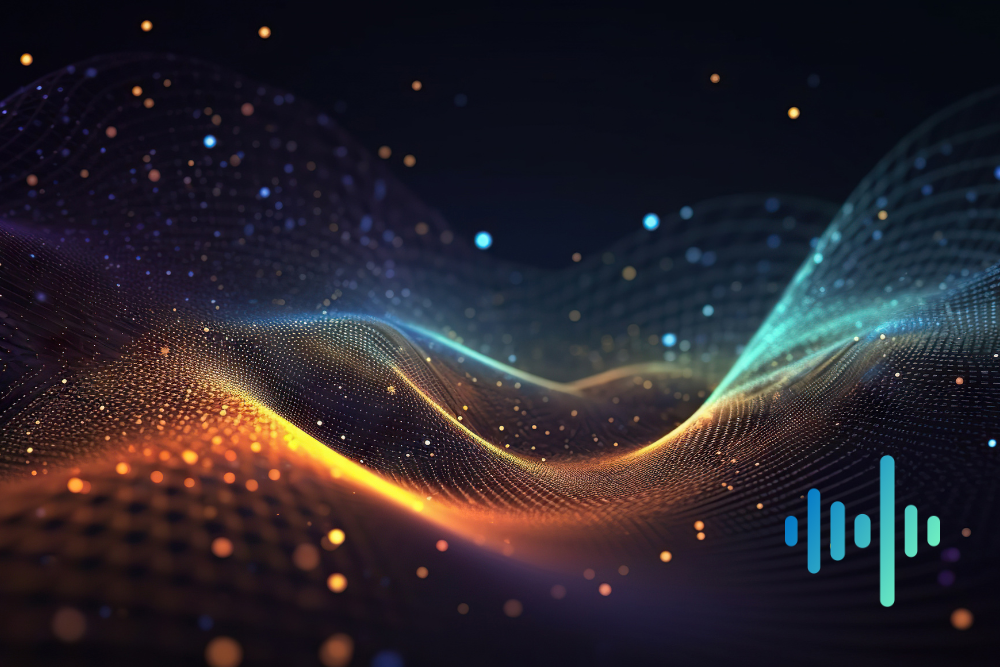 Flowing wave of glowing orange and teal particles across a dark background, with a blue and teal waveform