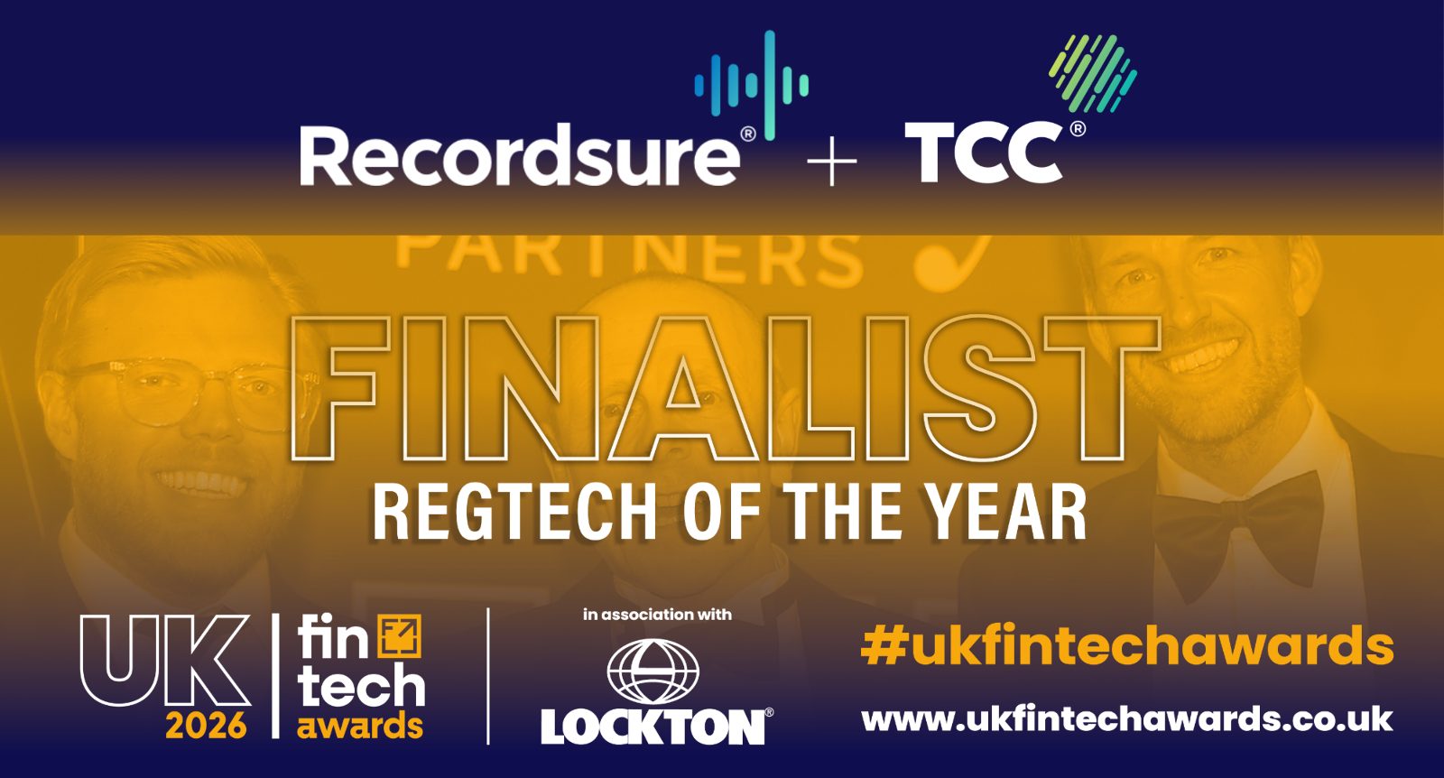 Navy and gold banner: Recordsure and TCC, finalist for RegTech of the Year at the UK FinTech Awards 2026