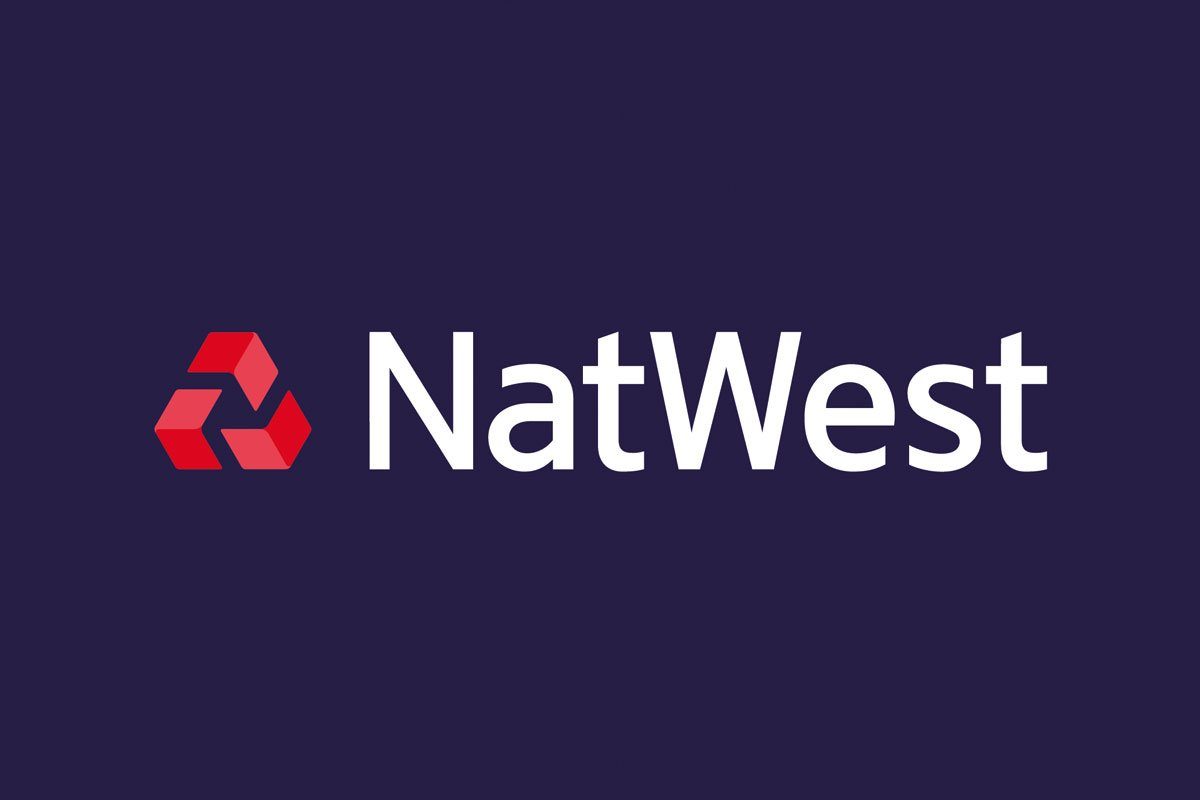 NatWest logo in white with its red triangular symbol on a dark navy background