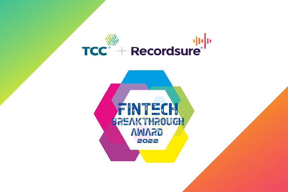 FinTech Breakthrough Award 2022 badge beneath TCC and Recordsure logos, with green and orange corner accents