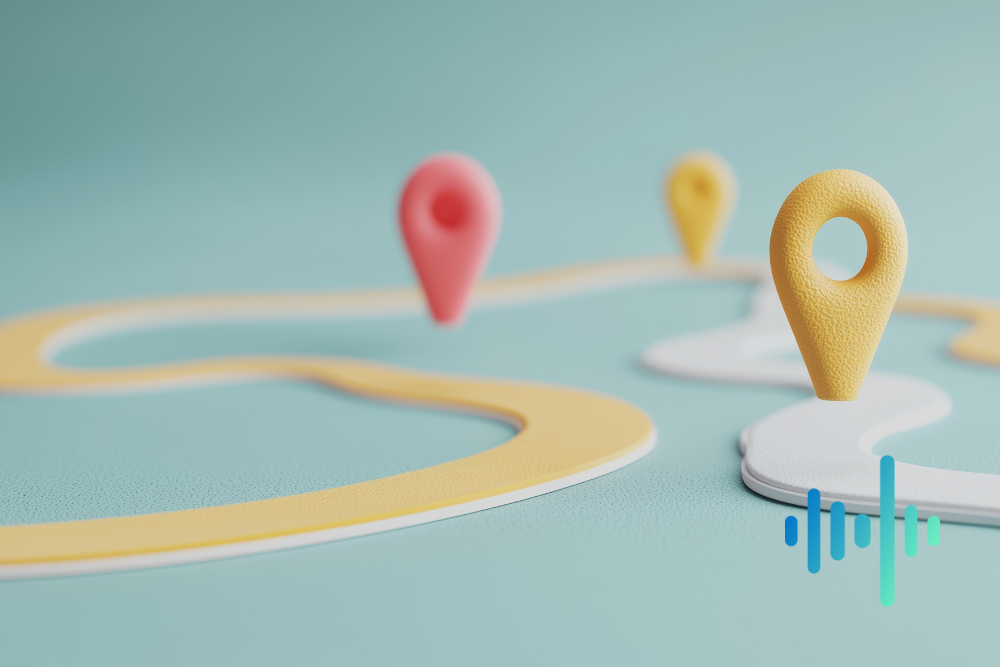 Red and yellow map pins along a winding 3D path on a pale teal background, with a blue and teal waveform