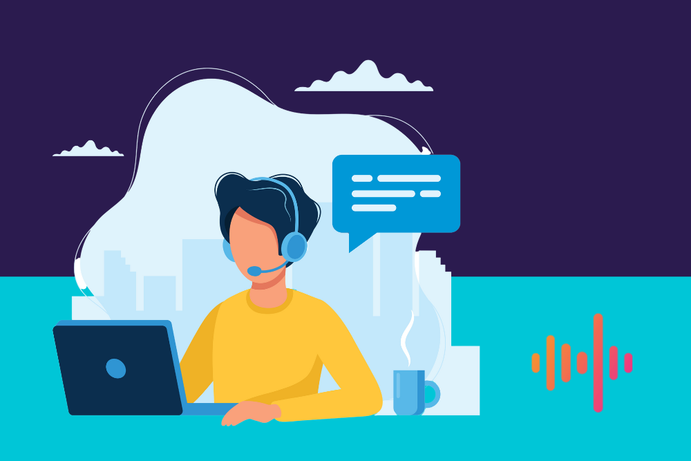 Illustration of a support adviser in a headset at a laptop beside a speech bubble, a mug and a city outline