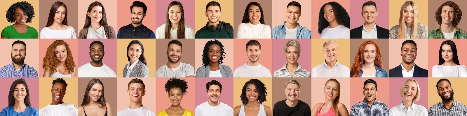 A mosaic of smiling headshots of diverse people against warm coloured backgrounds