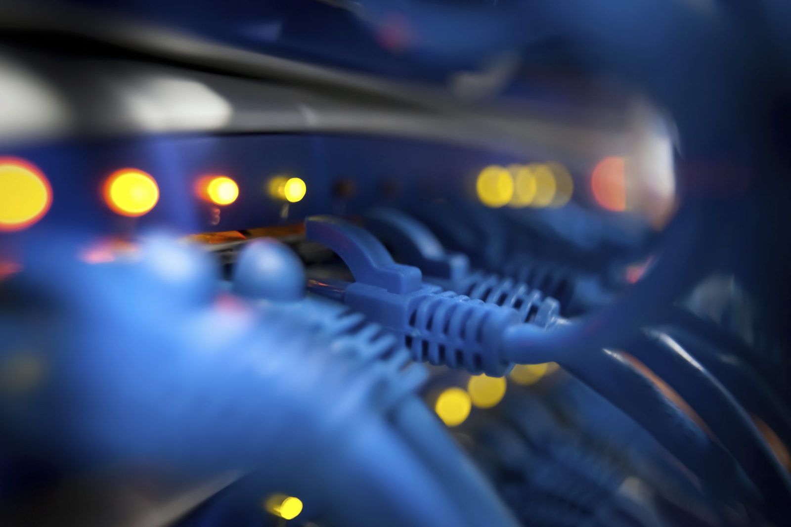 Blue network cable plugged into a router with glowing yellow status lights