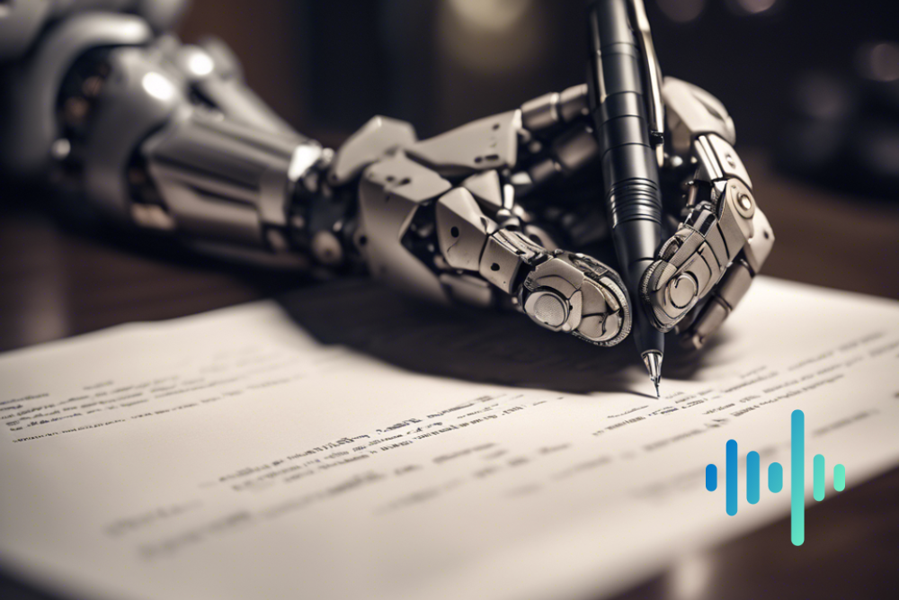 Robotic hand holding a pen and writing on a sheet of paper, with a blue and teal waveform