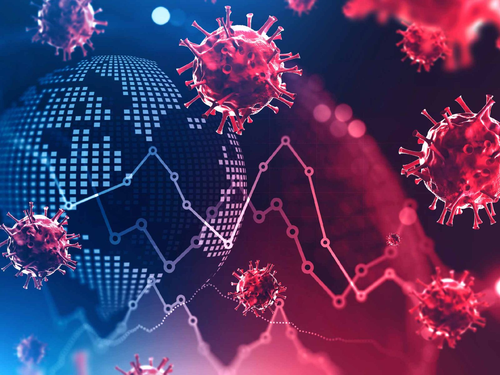 Red coronavirus particles floating over a blue digital world map and a falling line chart