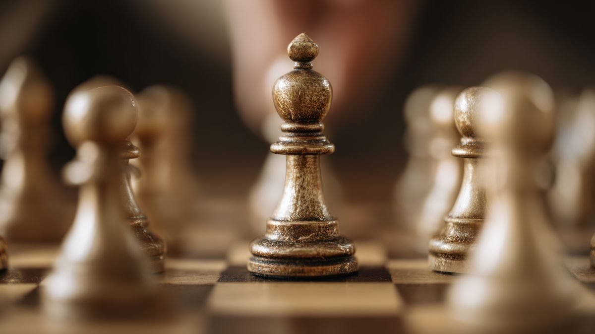 Bronze chess king standing among blurred pawns on a chessboard in warm light