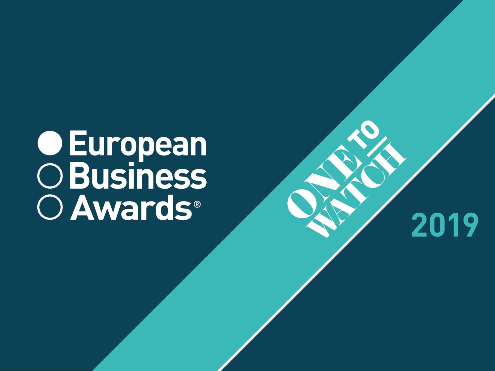 European Business Awards logo with a One to Watch 2019 sash on a teal background