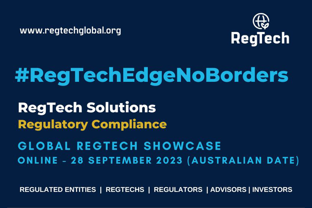 Navy RegTech Global banner for the online Global RegTech Showcase, tagged RegTechEdgeNoBorders, with its web address
