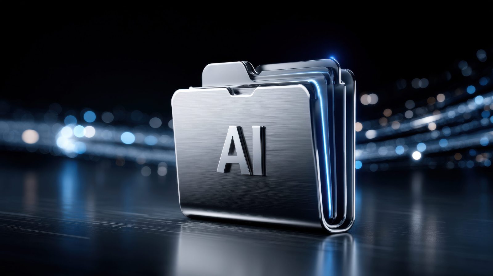 Metallic folder icon marked AI against a dark background with streaks of blue light