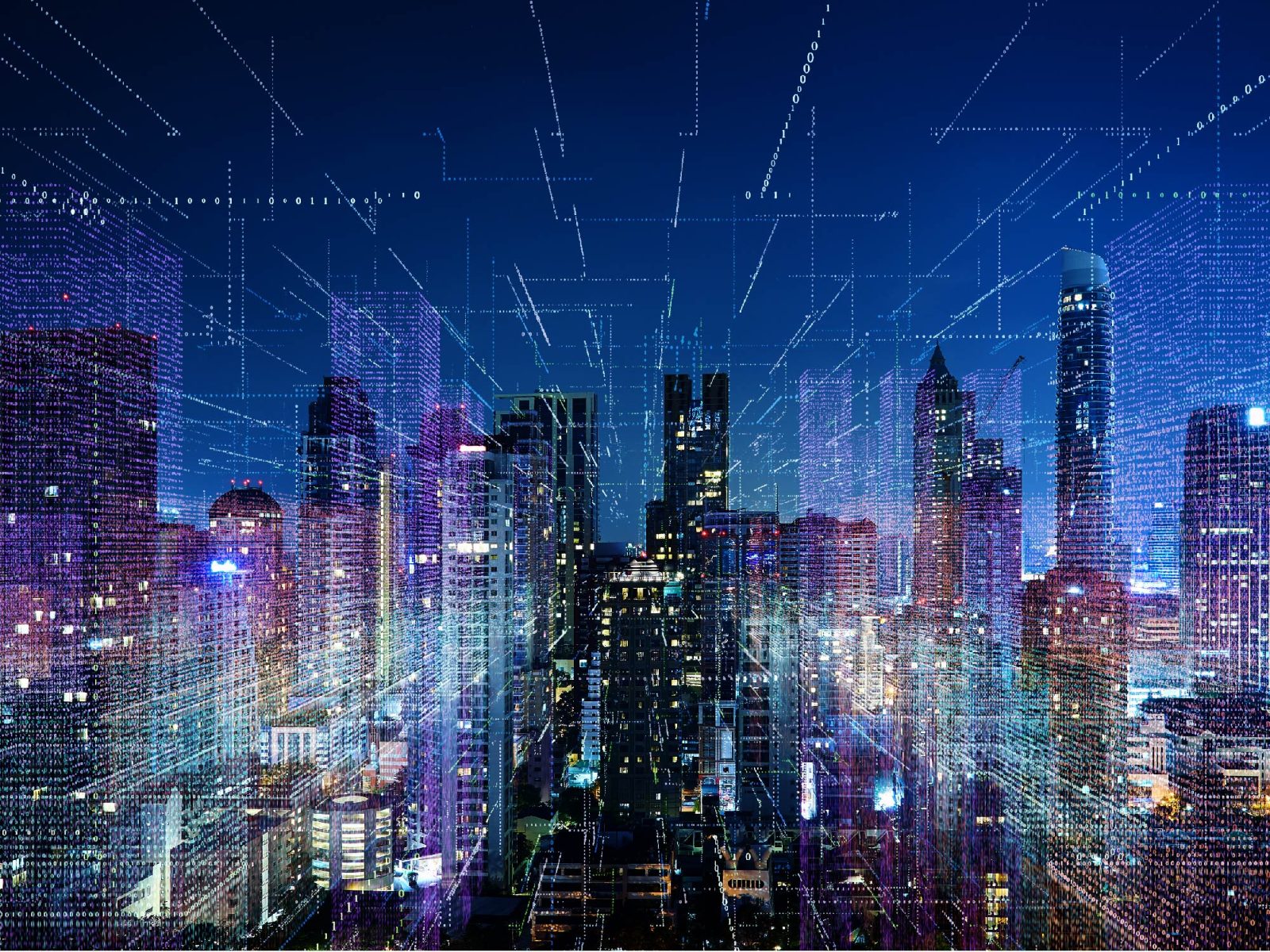 Night-time city skyline overlaid with streams of digital light and data lines