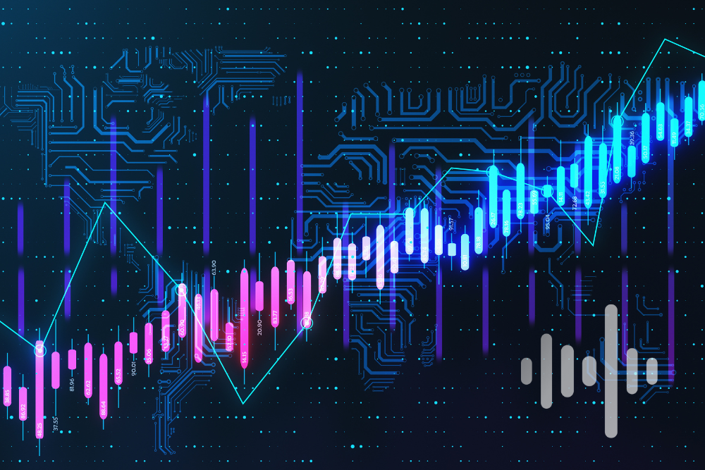 Neon blue and pink candlestick chart rising across a dark circuit-board background, with a grey waveform