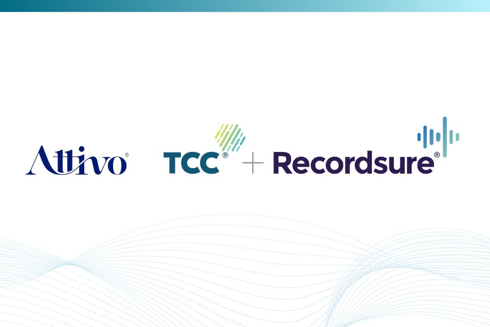 Attivo, TCC and Recordsure logos side by side on a white background with faint teal wave lines