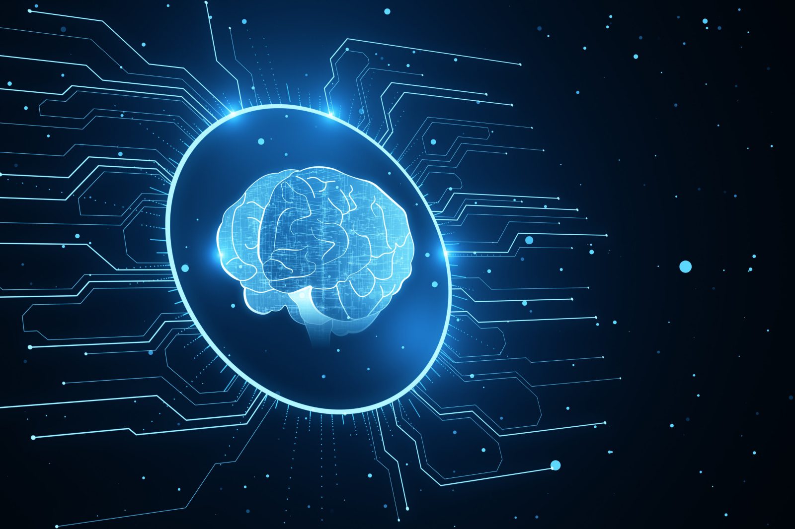 Glowing blue brain inside a ring of light with circuit lines radiating across a dark background