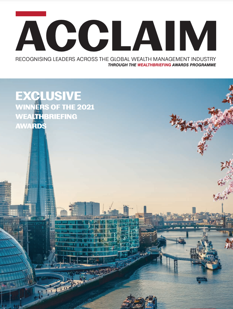 Cover of Acclaim magazine featuring the 2021 WealthBriefing award winners, with the Shard and Thames