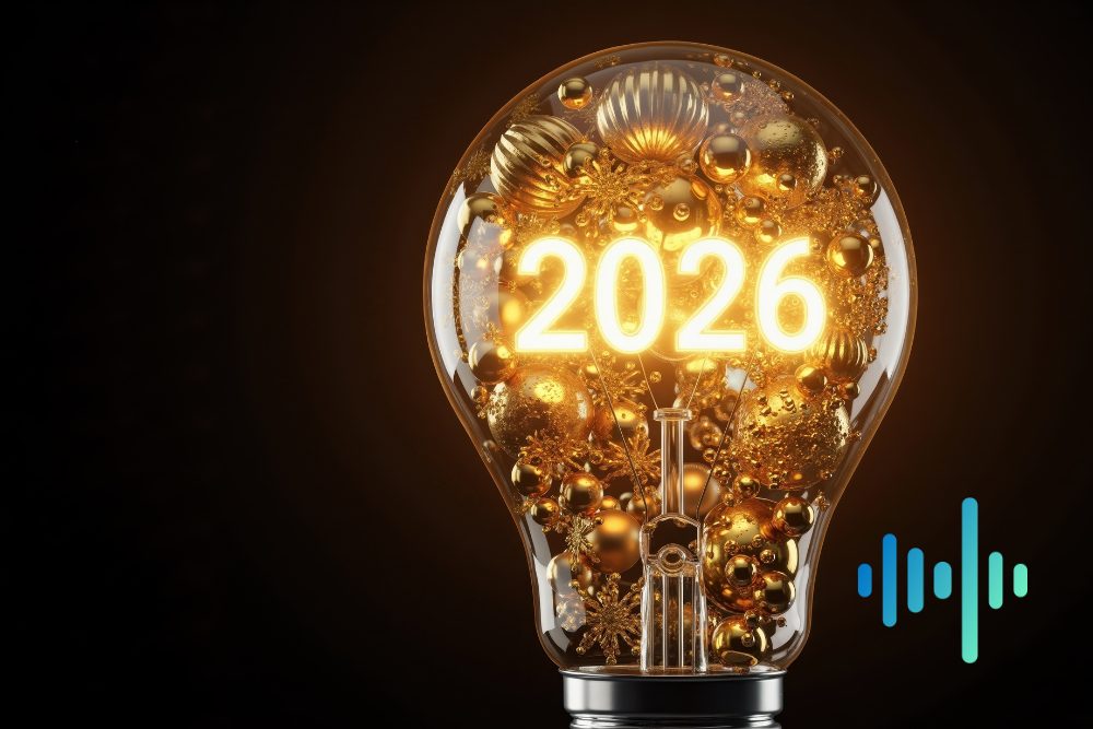Light bulb filled with gold baubles and glowing 2026 numerals on black, with a blue and teal waveform