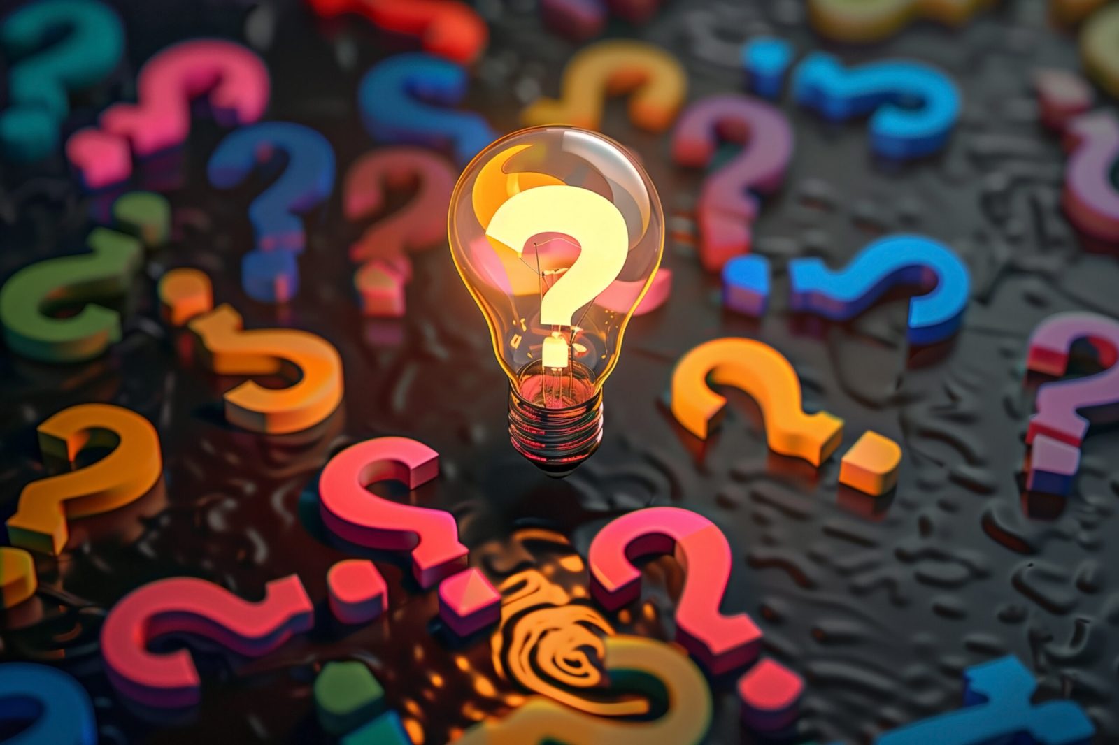 Glowing light bulb with a yellow question mark surrounded by colourful 3D question marks