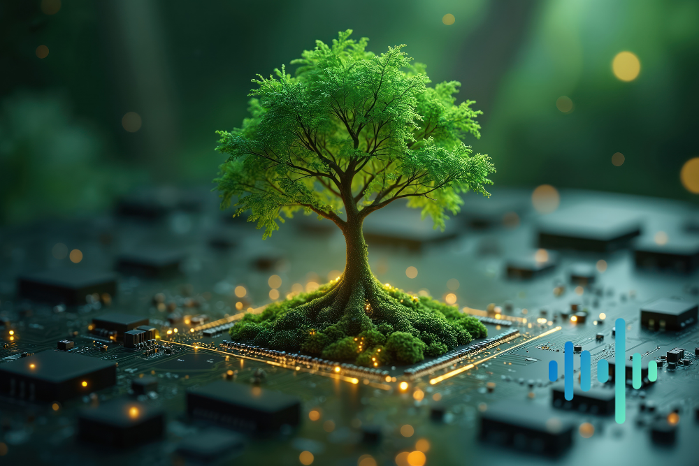 Small green tree growing from a glowing microchip on a circuit board, with a blue and teal waveform
