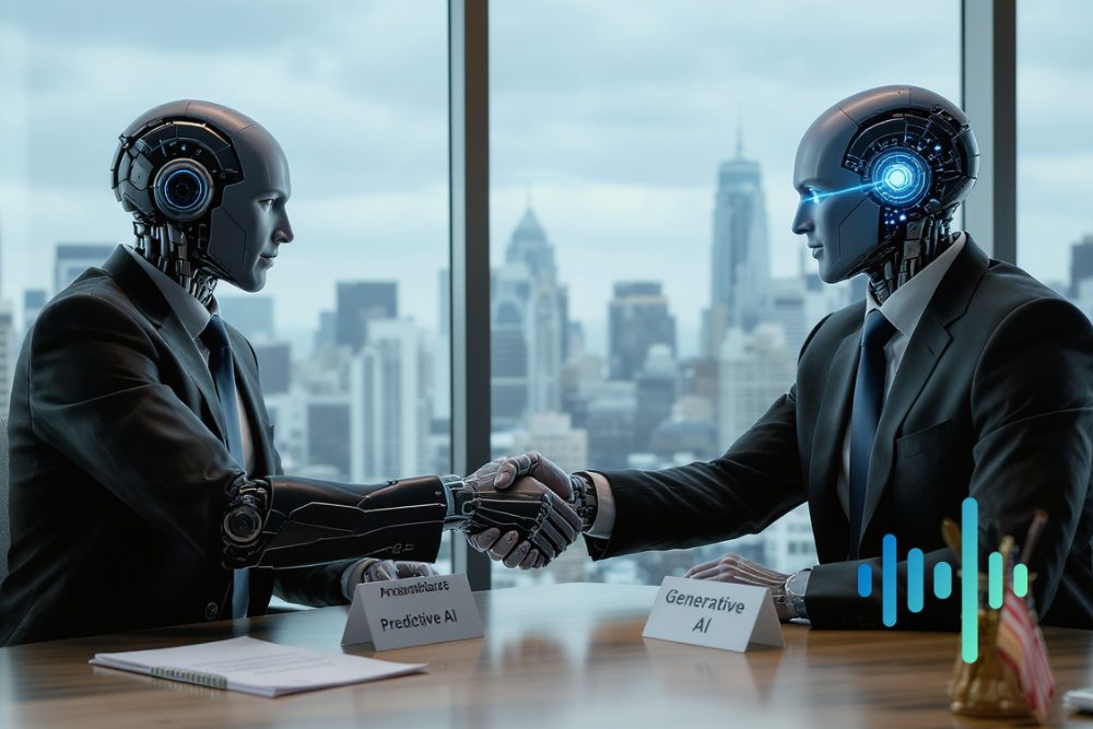 Two humanoid robots in business suits shaking hands across a desk with name cards reading Predictive AI and Generative AI