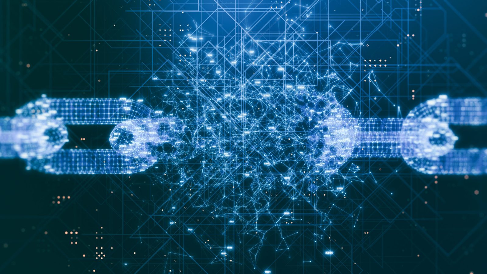 Wireframe chain made of blue digital points breaking apart in the middle on a dark background