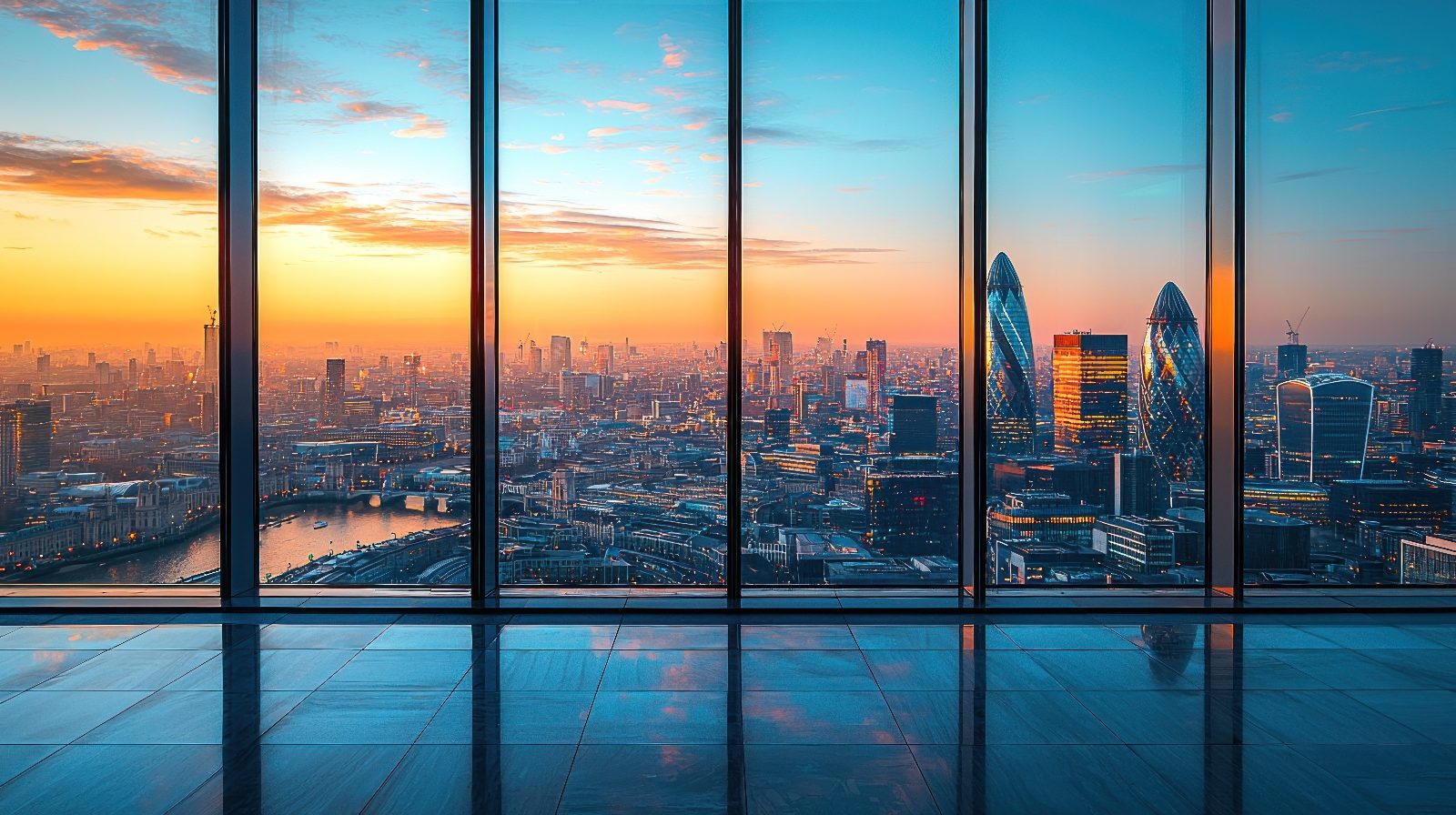 London skyline through high-rise office windows at sunset