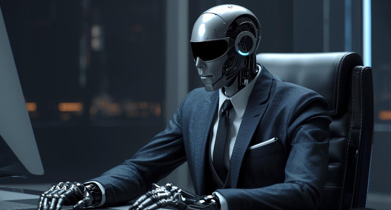 Humanoid robot in a dark suit and visor typing at a computer keyboard in a dim office