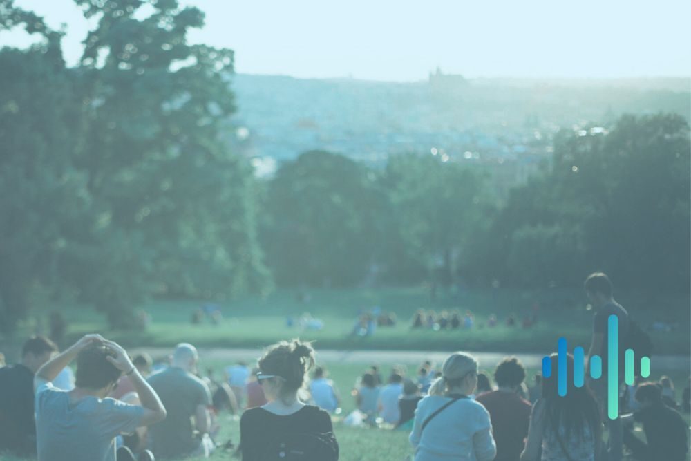 People relaxing on a grassy hillside in a park overlooking a hazy city, in a blue-green tint with a waveform