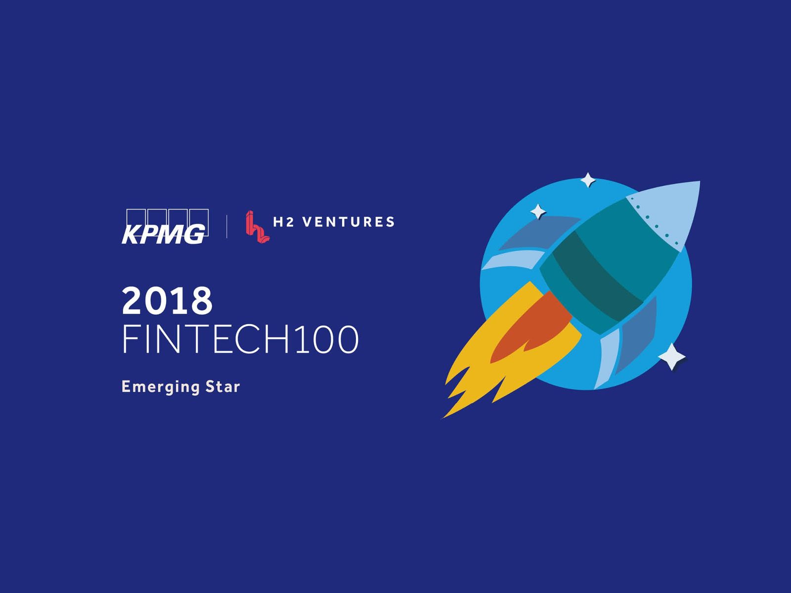 KPMG and H2 Ventures 2018 Fintech100 Emerging Star graphic with a rocket on a royal blue background