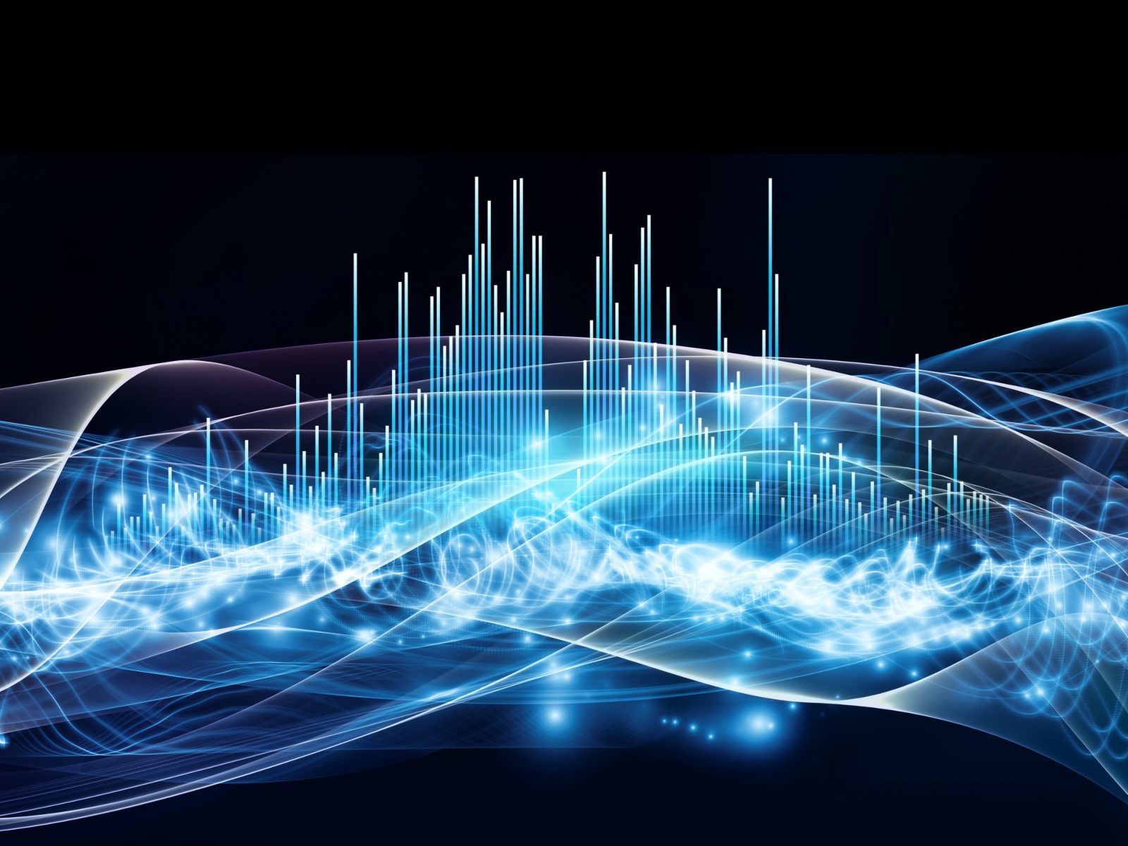 Glowing blue wave of light with vertical spikes like an audio waveform on a dark background