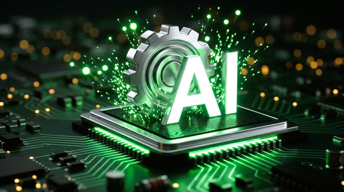 Large silver AI letters and a gear on a green-lit microchip, with sparks of green light